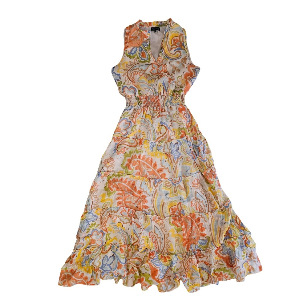 1.STATE Womens Paisley Tiered Maxi Dress Smocked Waist Sleeveless Boho Fairycore